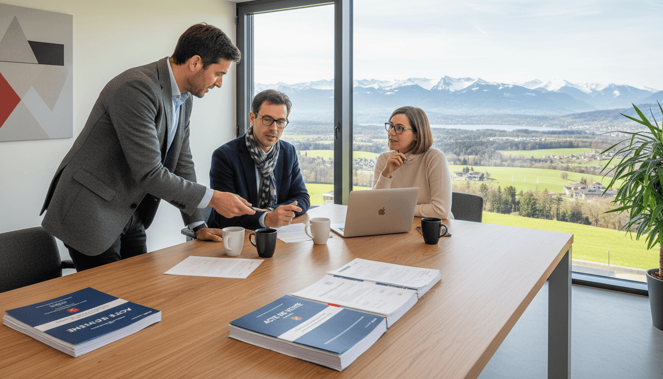Acheteurs suisses et allemands examinant des documents immobiliers français