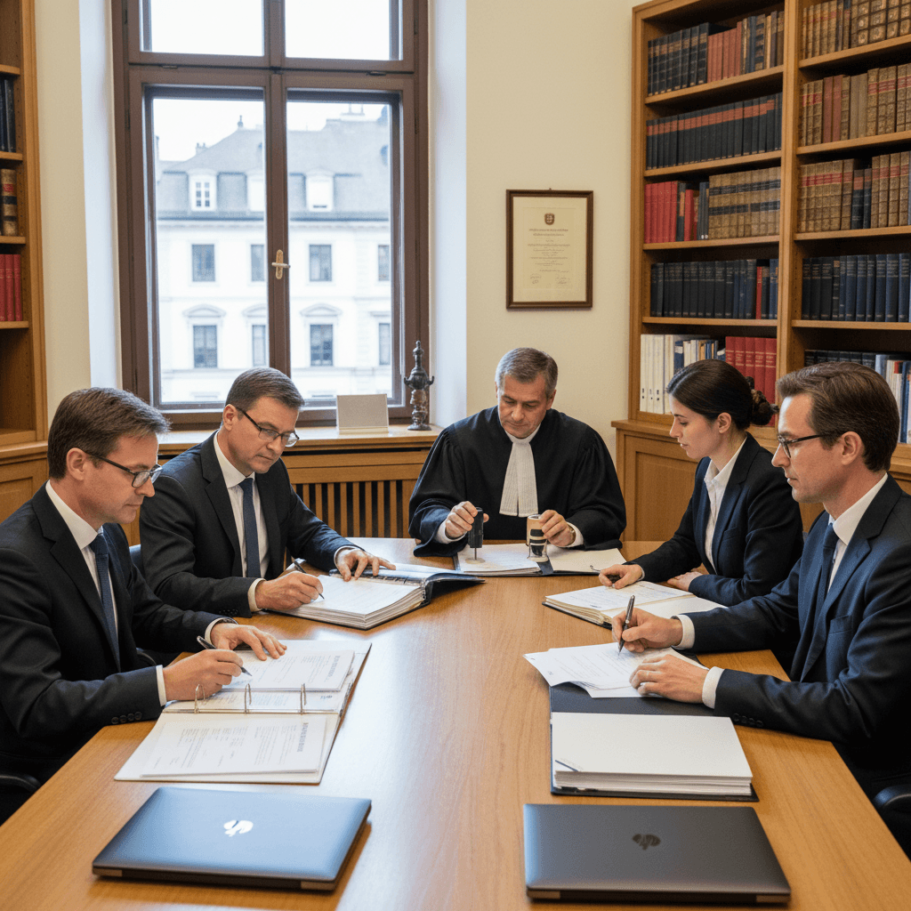 Swiss and German buyers signing purchase agreement documents at table in professional notary office