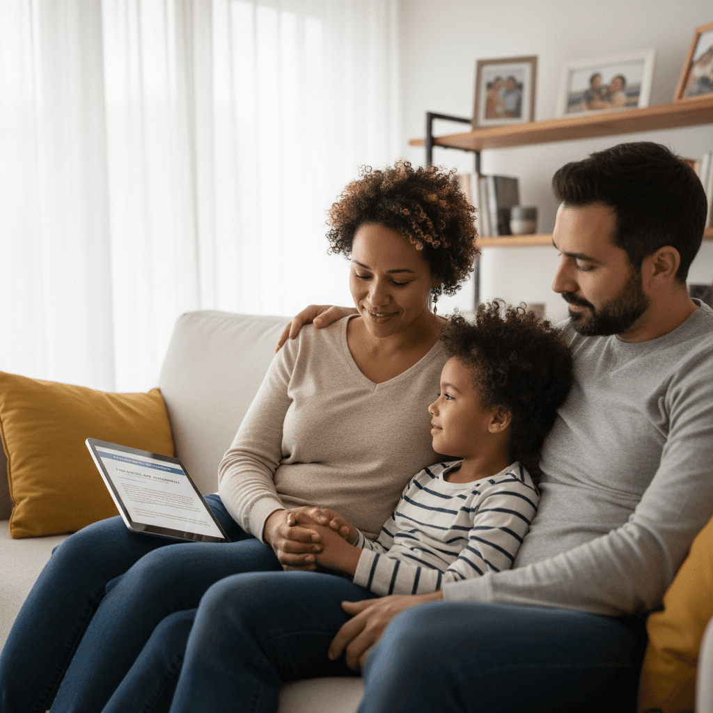 Diverse family sitting together reviewing financial assistance paperwork on tablet in sunlit living room