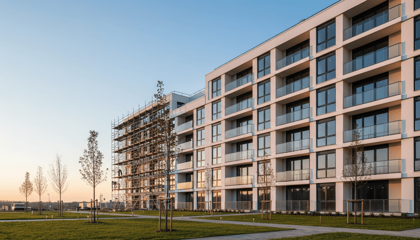 Modern multi-story apartment building with glass balconies and contemporary facade at sunset