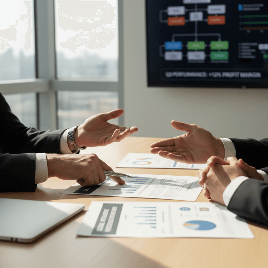 Executive consultant gesturing while discussing strategic governance and operational improvements with a C-level leader over compliance documents