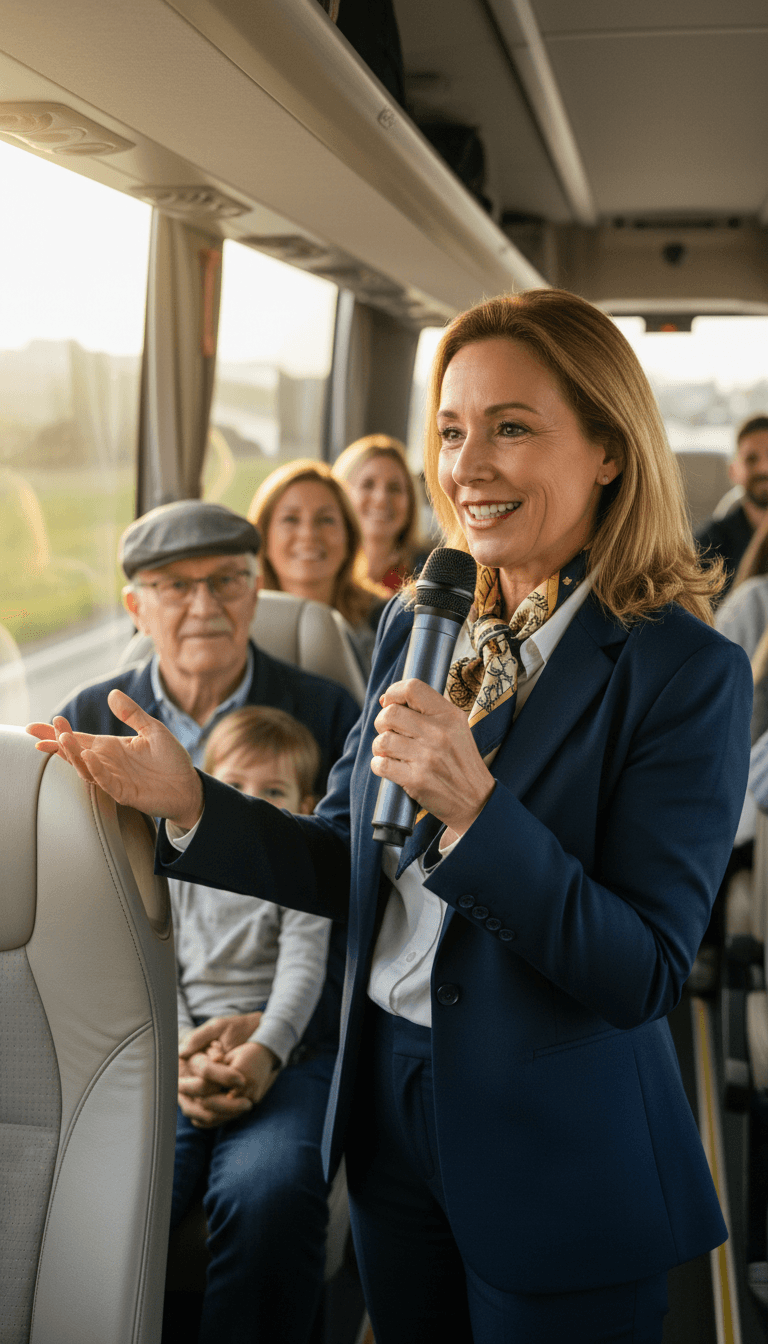 Enthusiastic tour guide speaking to engaged diverse passengers aboard air-conditioned coach during guided city sightseeing tour