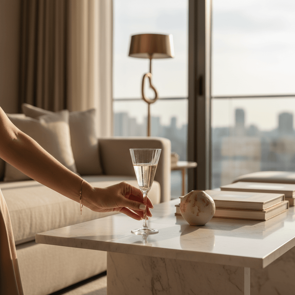 Close-up of champagne glass and refined luxury interior details in elegant penthouse living space