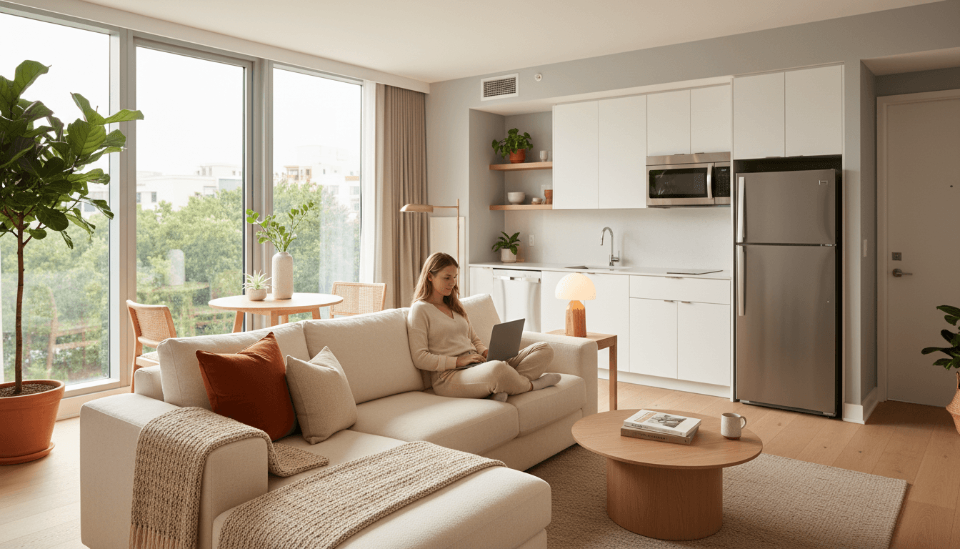 Guest relaxing on sofa in modern studio apartment with kitchenette, dining table, and natural window light