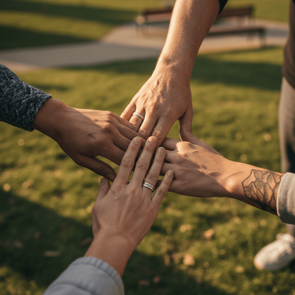 Diverse hands joined together in circle symbolizing community unity and shared commitment at outdoor gathering