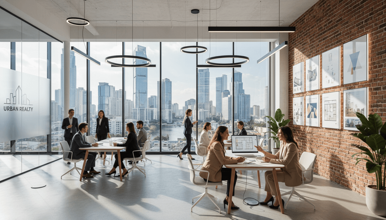 Bureau moderne de conseil immobilier avec consultants professionnels discutant des acquisitions immobilières