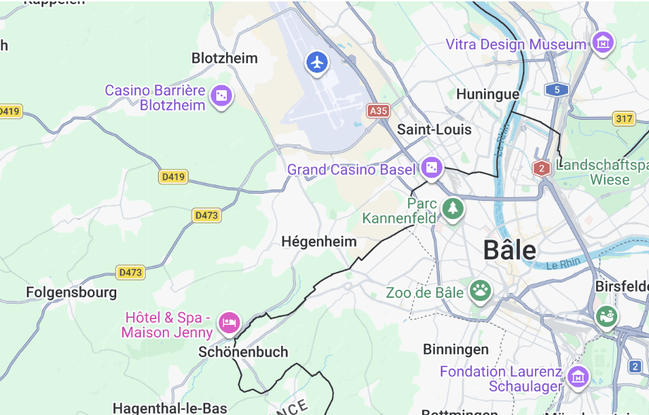 Carte géographique de Bâle et Saint-Louis incluant l'aéroport et des repères touristiques locaux.