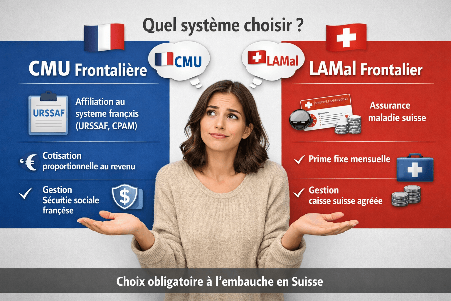 Femme hésitant entre l'assurance maladie française CMU et suisse LAMal pour les travailleurs frontaliers.