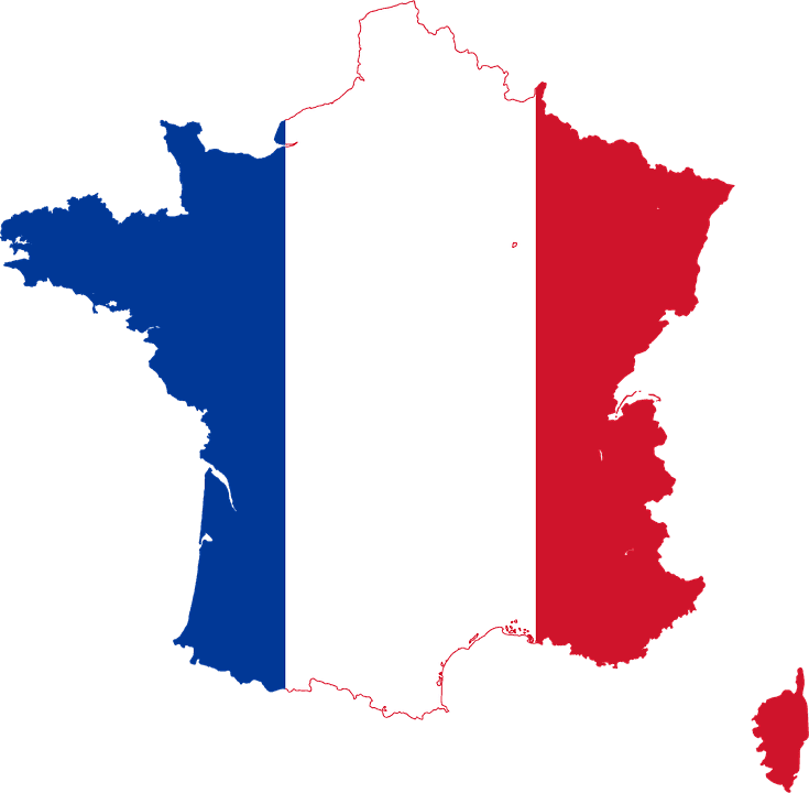 Carte de France incluant la Corse, remplie par les bandes bleue, blanche et rouge.