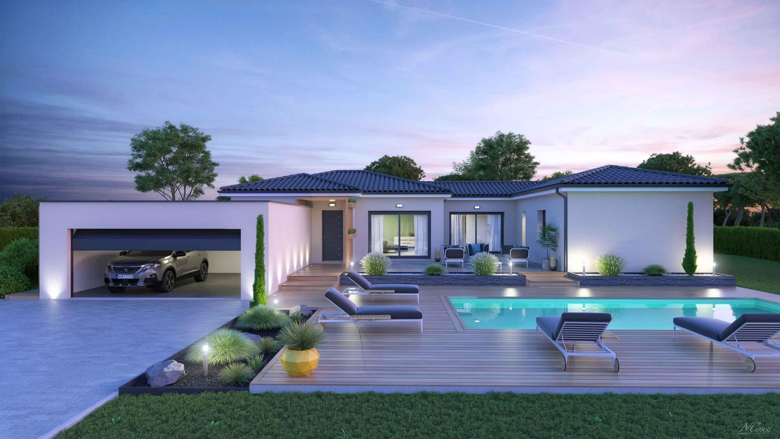 Maison moderne de plain-pied avec piscine éclairée, terrasse en bois et garage au crépuscule.